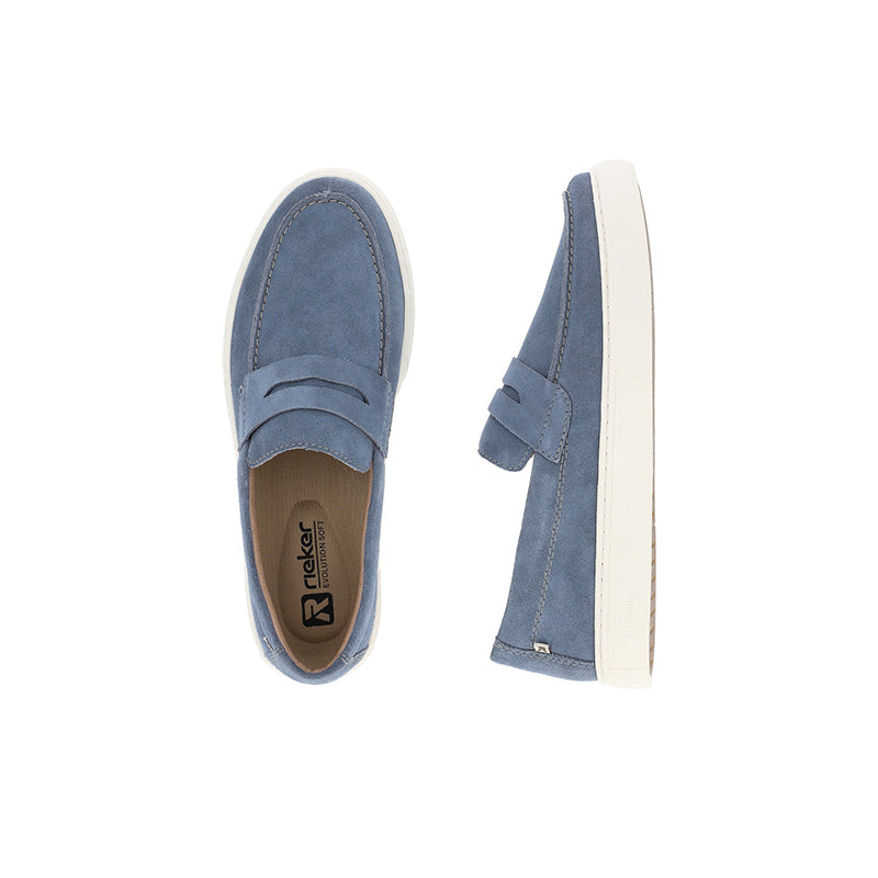 Rieker blue suede slip-on loafers with bow strap and thick sole