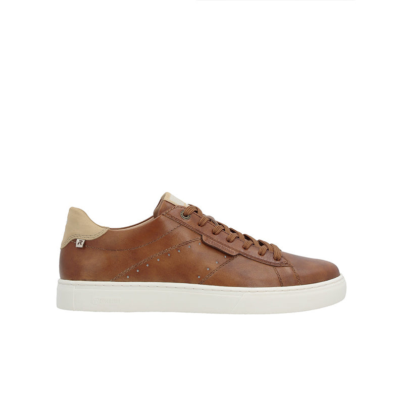Brown men's lace-up sneakers with white rubber sole and stitched upper
