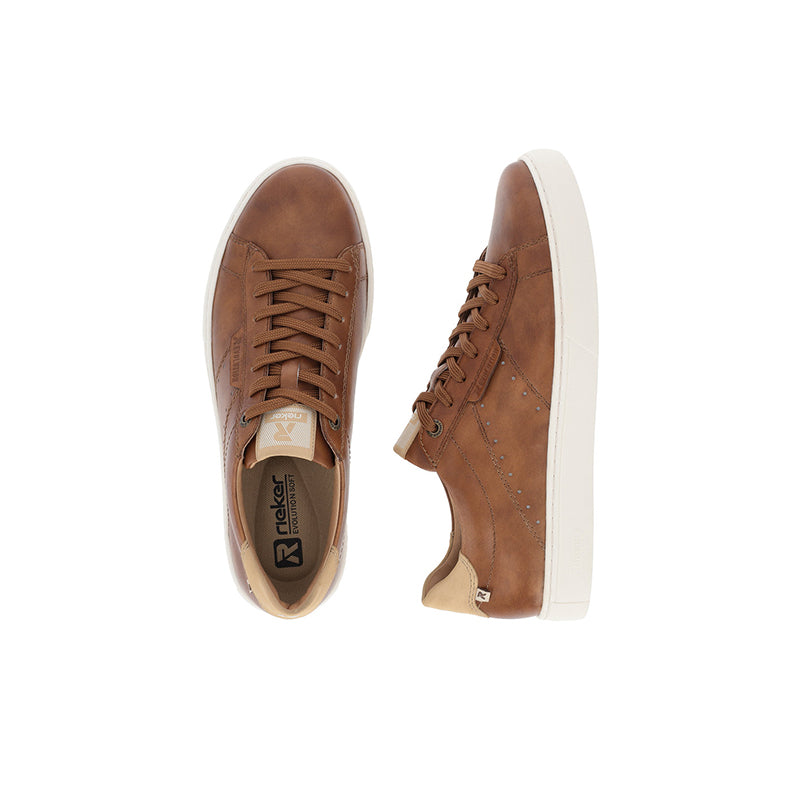Brown lace-up sneakers pair, front and side view with white outsoles