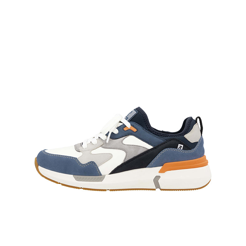 Rieker men's trainers, side view in blue, white, and black with orange trim