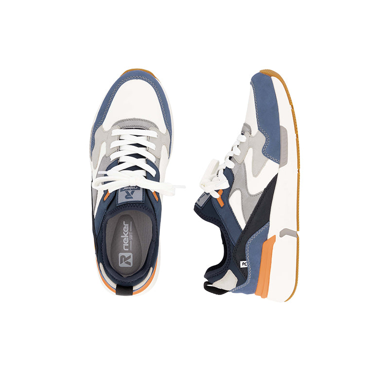 Rieker men's trainers pair, white and blue upper with white laces and tan sole