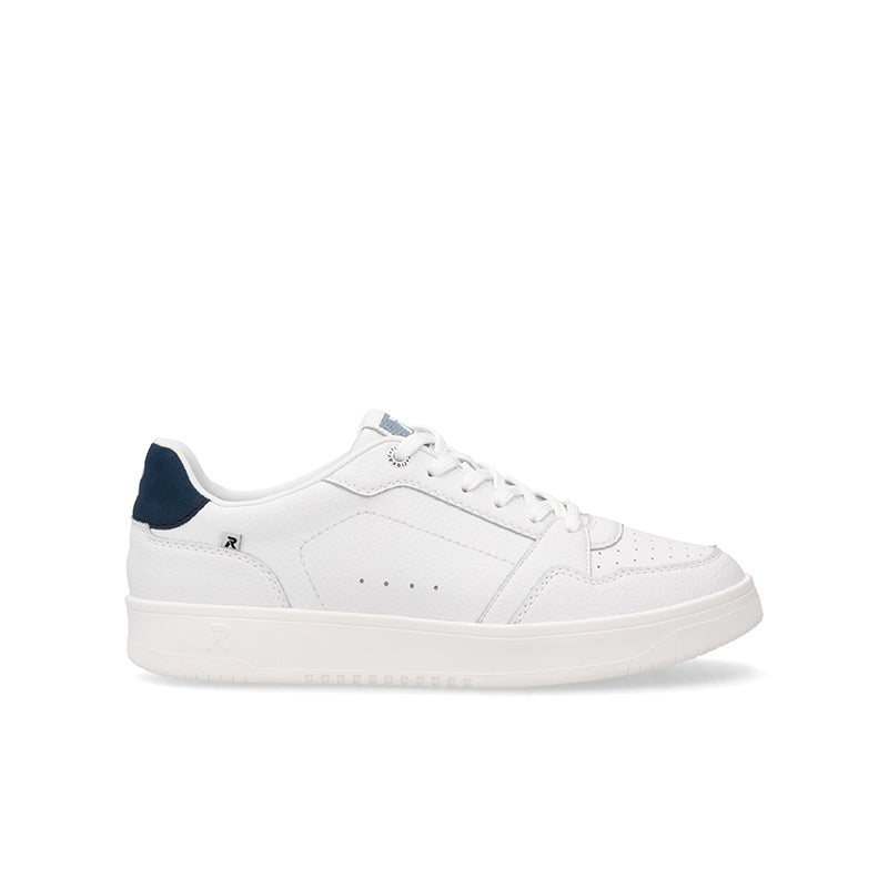 White leather lace-up sneaker with navy heel collar and side logo