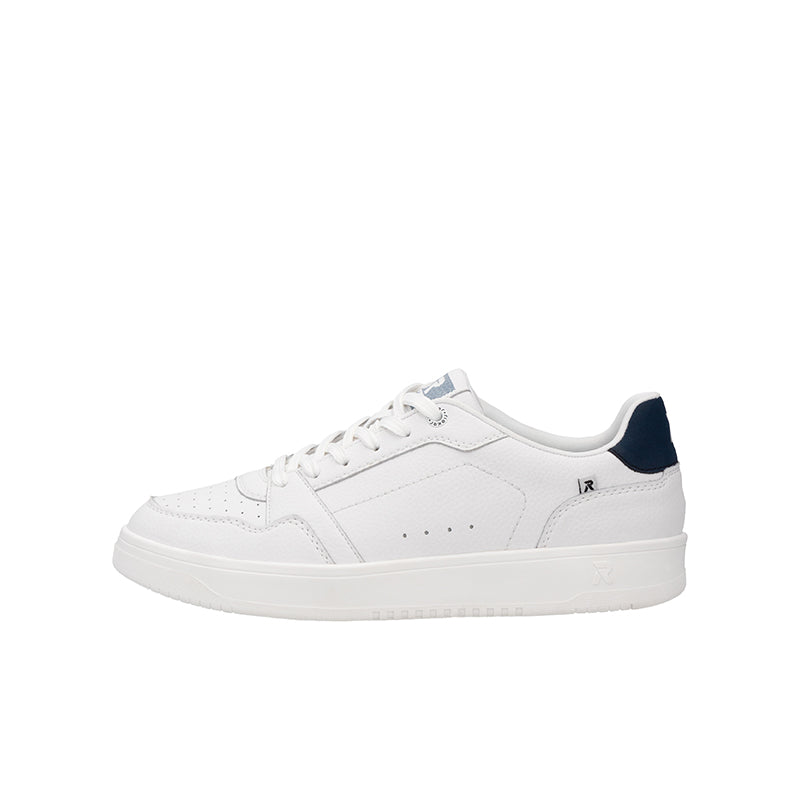 White lace-up sneaker side profile with navy collar and logo detail