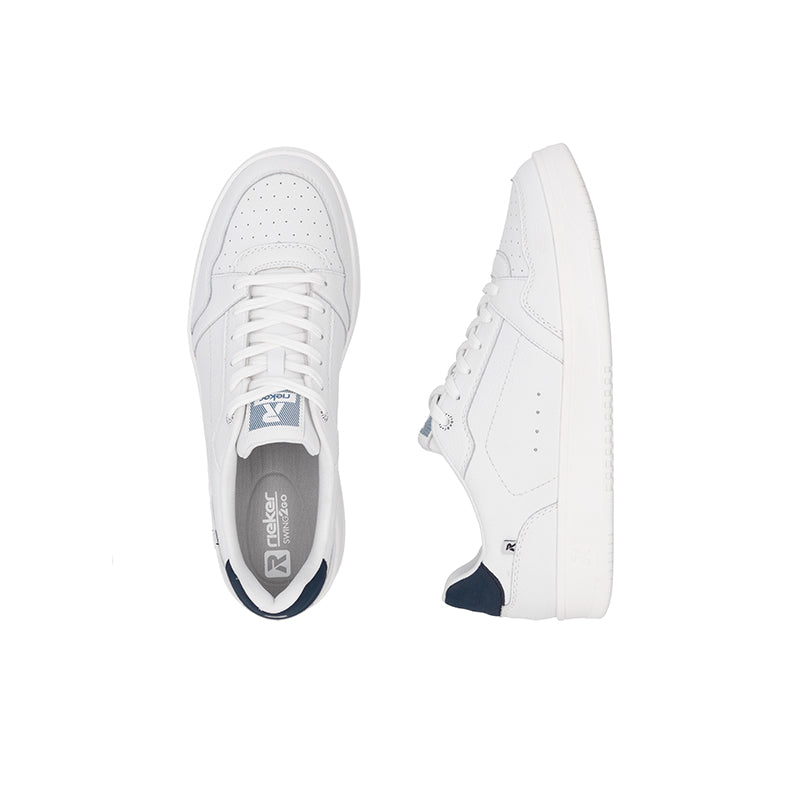 White lace-up sneaker pair showing front and side views with navy accents