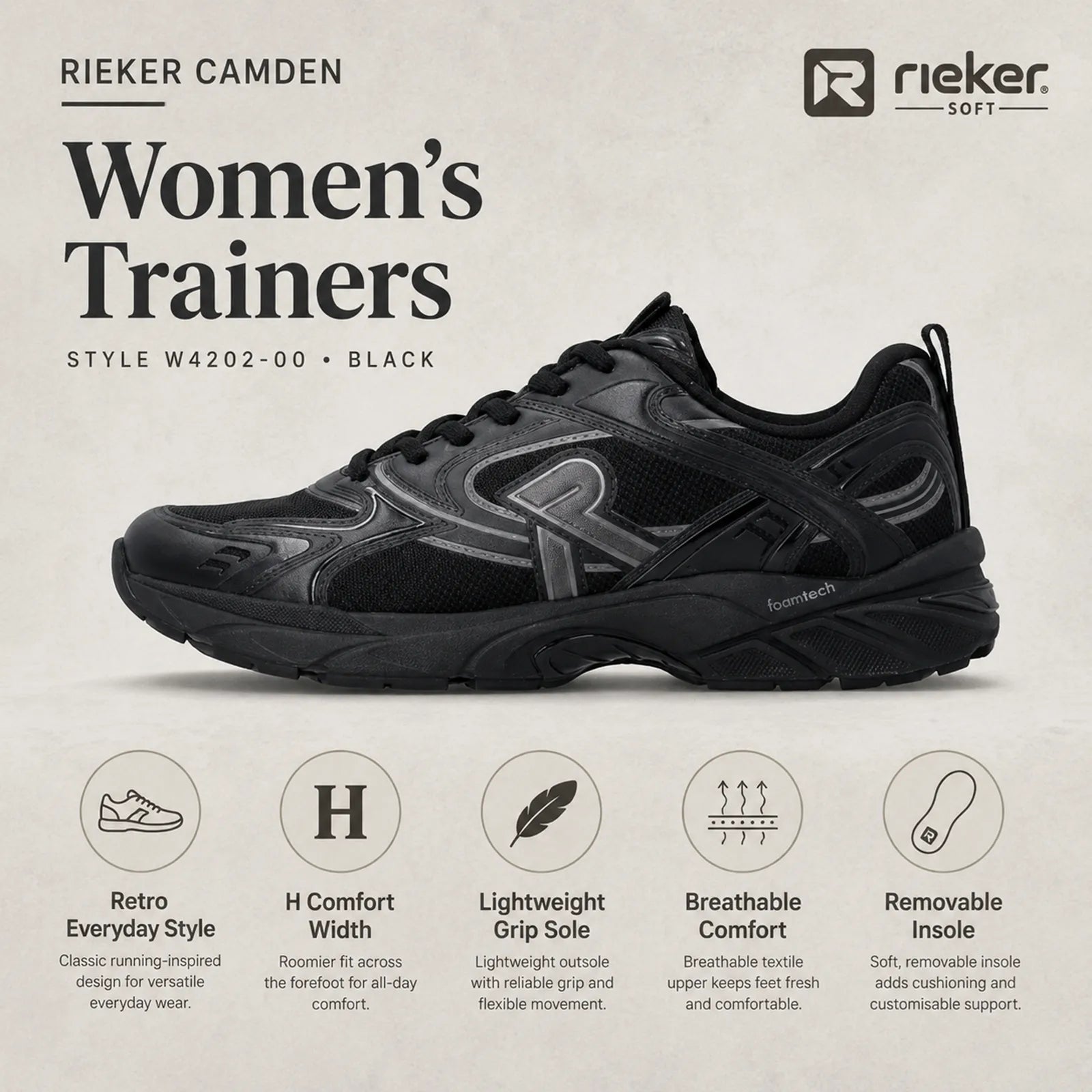 Rieker Camden women's white grey trainers showing removable insole, Foamtech cushioning and comfort H width features