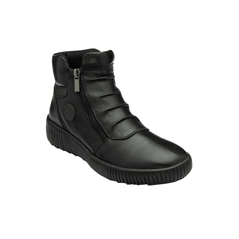 Black leather ankle boots with side zipper, padded collar, and chunky tread sole.