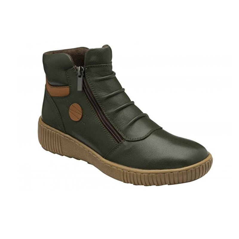 Dark green leather ankle boots with side zipper, tan accents, and cushioned tread sole.