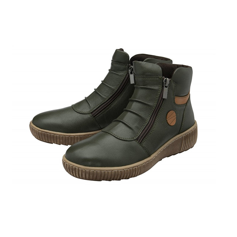 Dark green leather ankle boots with side zipper, tan logo detail, and chunky tread sole.