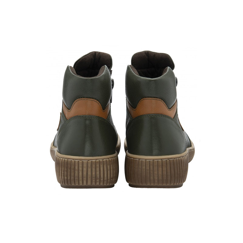 Dark green leather ankle boots back view with side zipper and tan heel panel details.