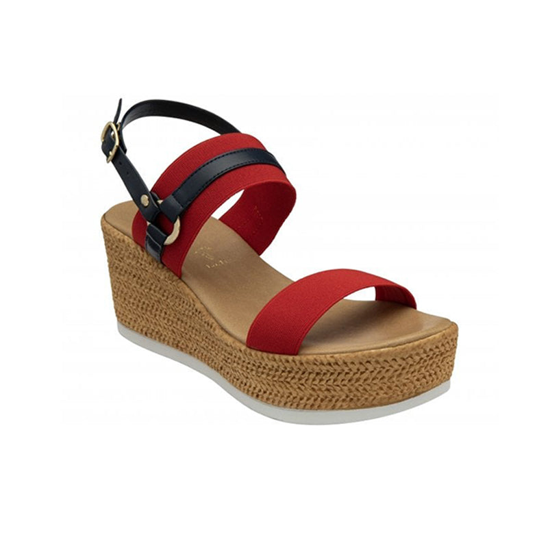 Womens wedge sandals with red straps, tan footbed, and buckle ankle strap