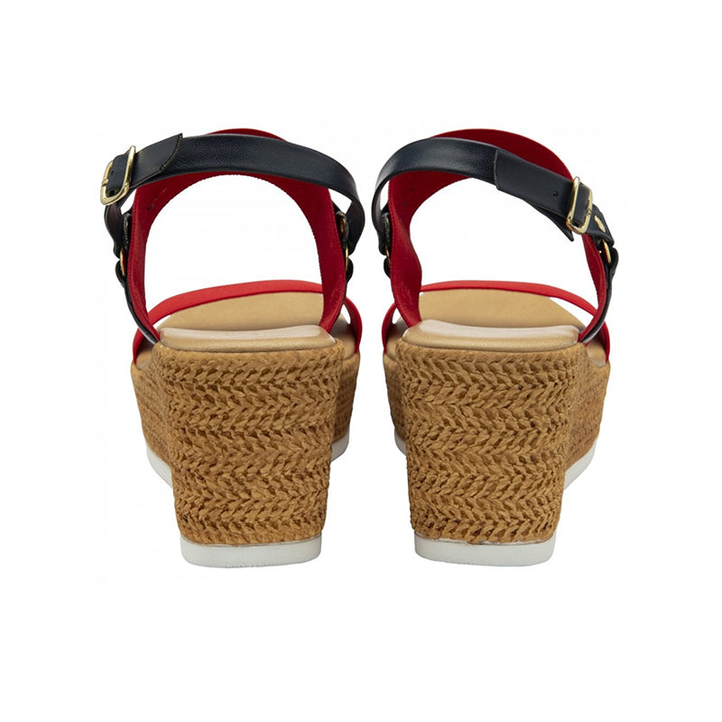 Womens wedge sandals back view with red straps and dark buckle details
