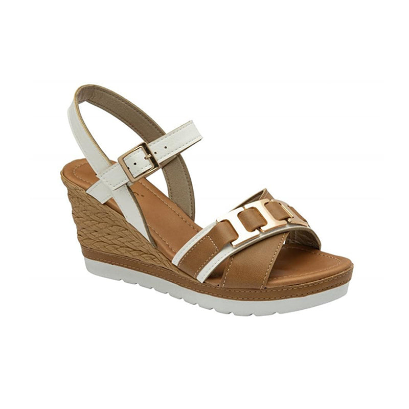 Womens white and tan buckle wedge sandals with espadrille-style wedge sole