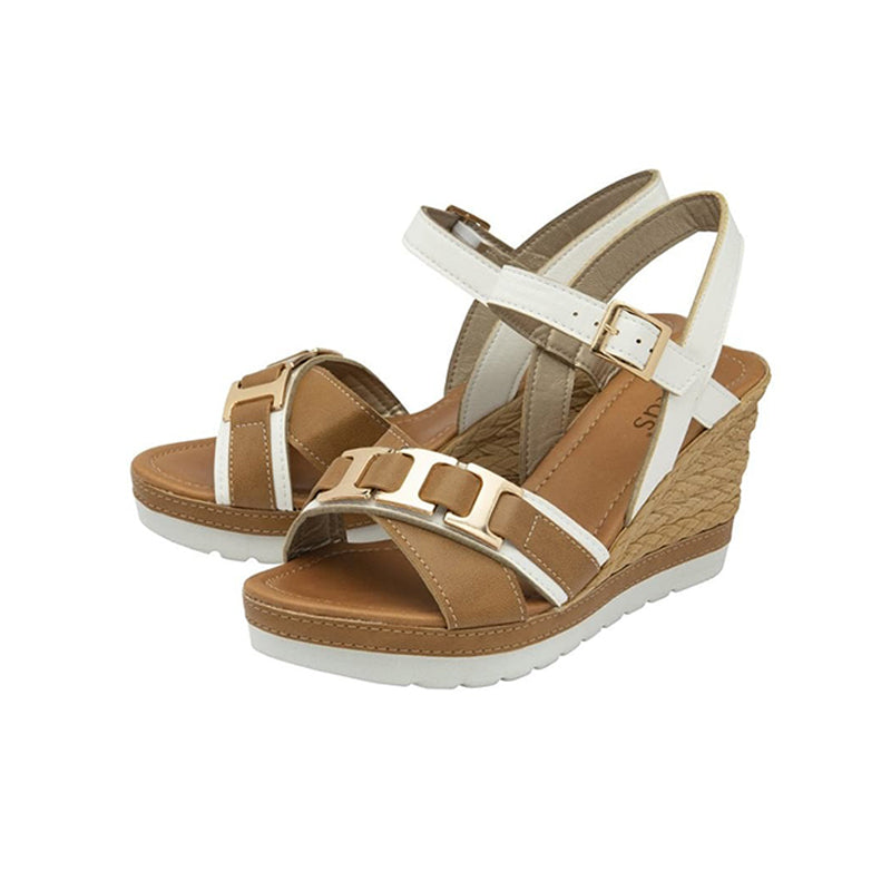 Womens white and tan buckle wedge sandals with wide double strap