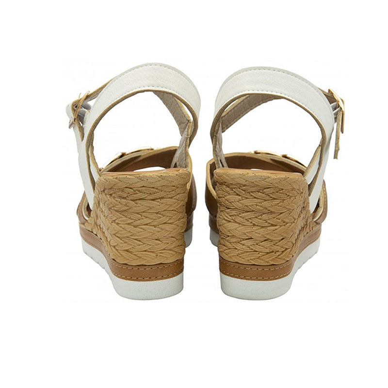 Womens white slingback wedge sandals with ankle strap and espadrille wedge