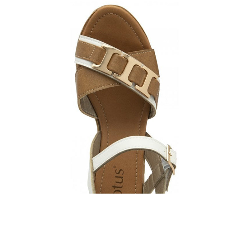 Womens brown buckle wedge sandals with white strap and metal buckle detail