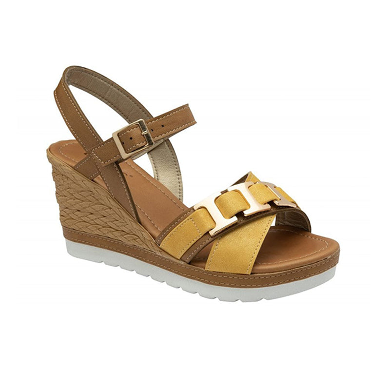 Womens yellow and tan buckle wedge sandals with espadrille-style wedge sole