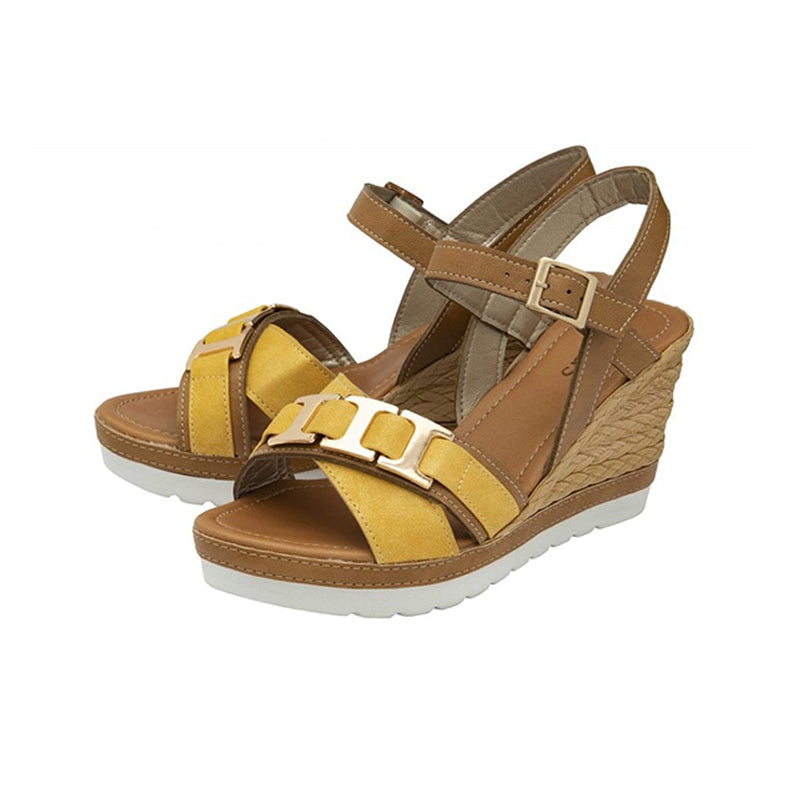 Womens yellow and tan buckle wedge sandals with wide double strap