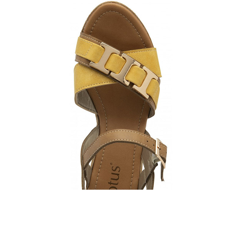 Womens yellow buckle wedge sandals with tan strap and metal buckle detail