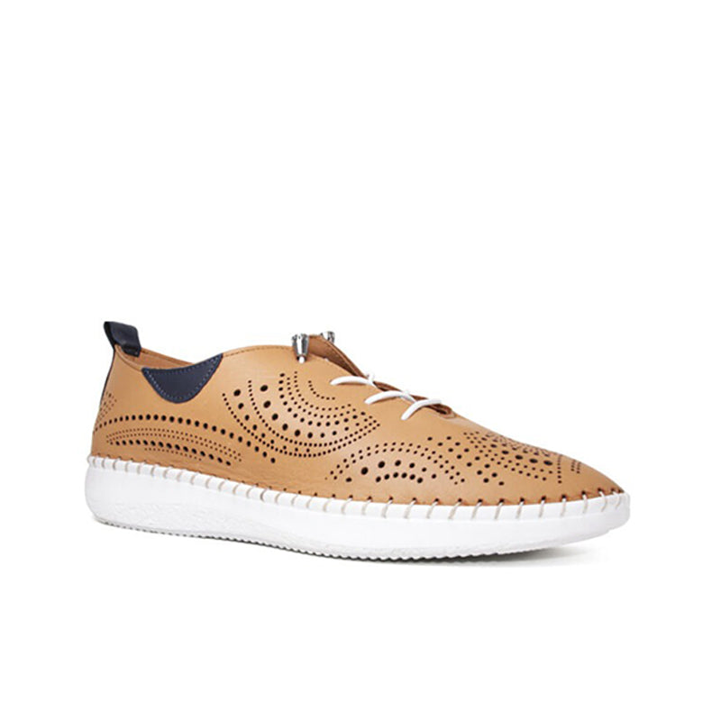 Brown women's leather slip-on sneakers with perforated upper and white sole