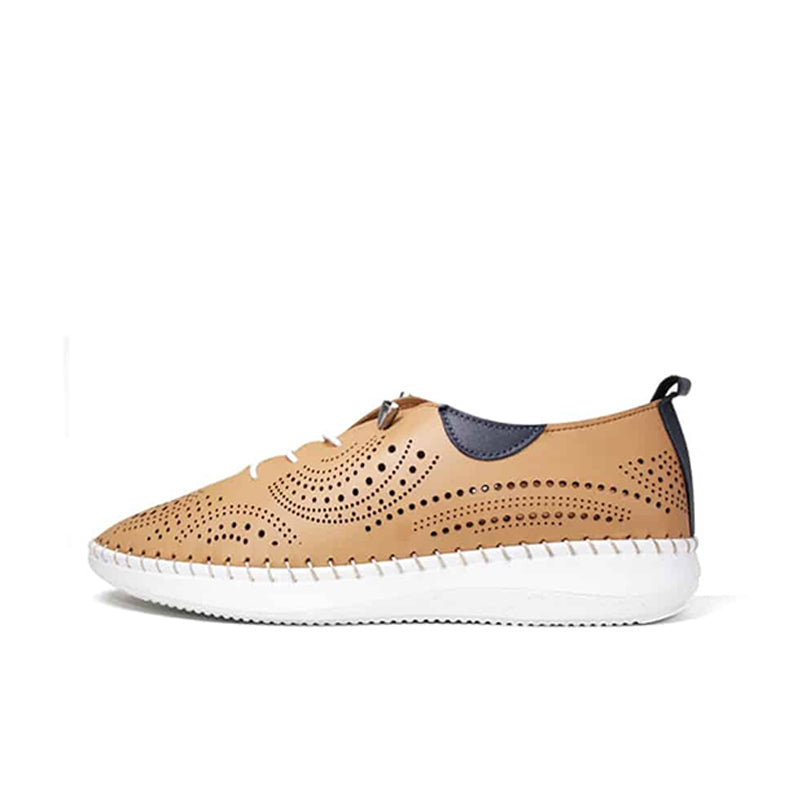 Brown slip-on sneakers with perforated side panels, lace-up front, white sole
