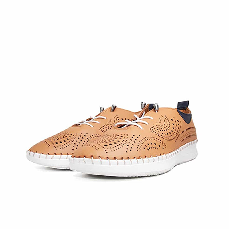 Brown leather sneakers with lace-up front, perforated design, white rubber sole