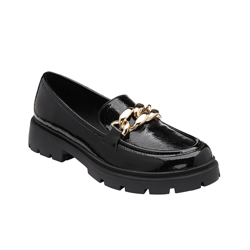 Black patent slip-on loafer with gold chain detail and chunky lug sole