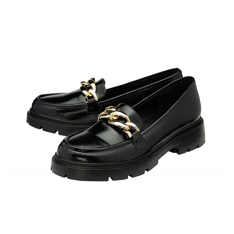 Pair of black patent loafers with gold chain bar detail and thick tread sole