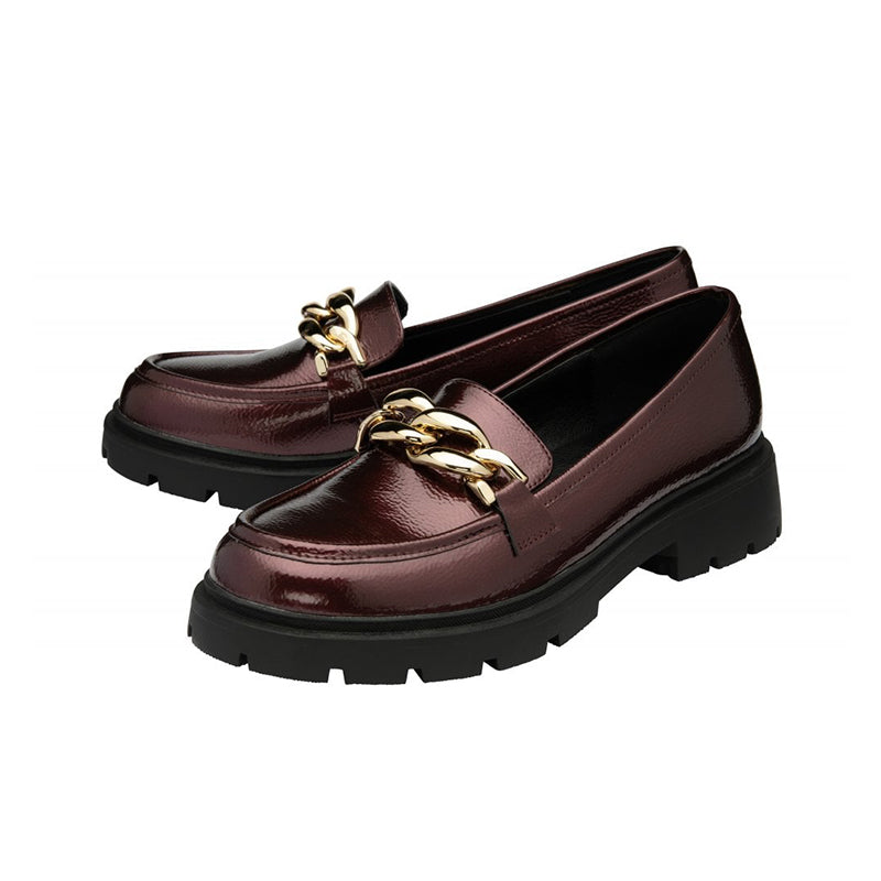 Pair of bordo patent loafers with gold chain bar detail and thick tread sole