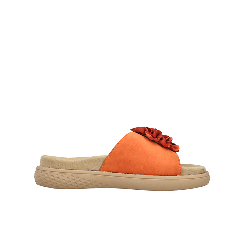 Orange fabric slide sandals with rosette flower detail and beige sole