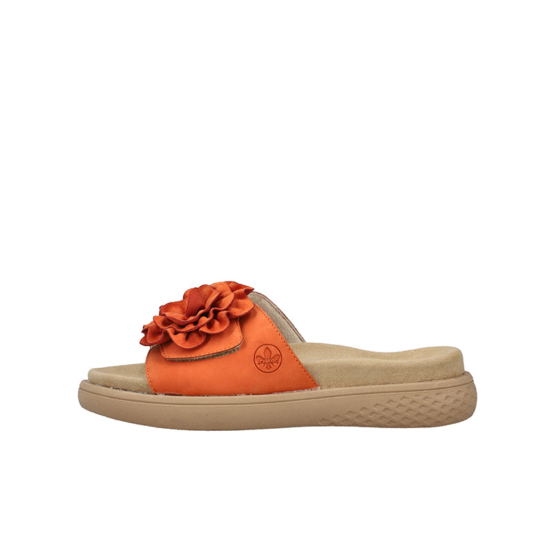 Orange slide sandals with rosette flower detail and beige cushioned footbed