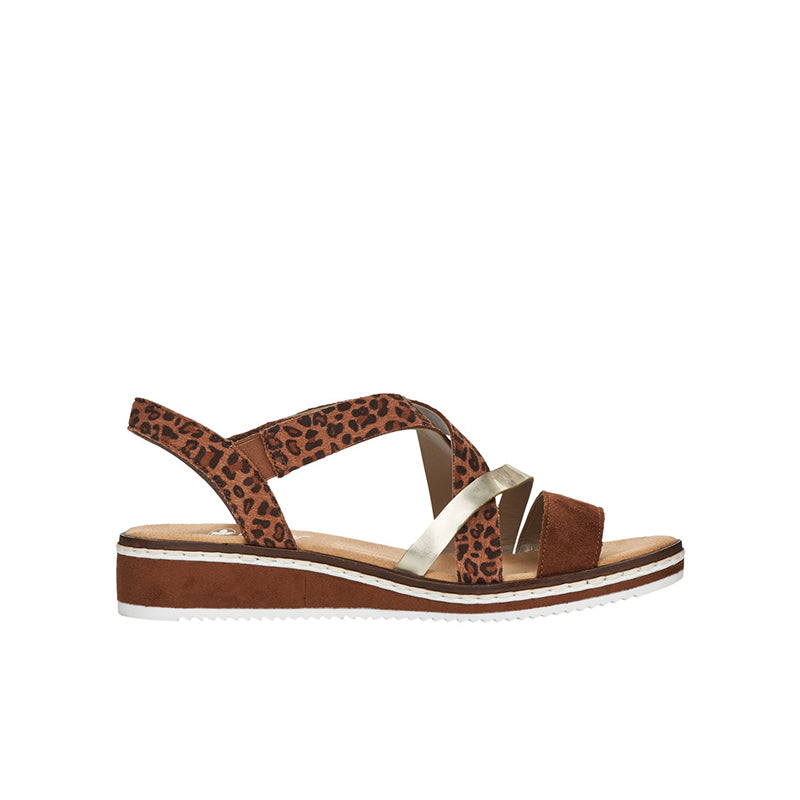 Brown leopard-print women's sandals with crisscross straps, silver accents, and cushioned sole