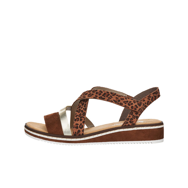 Brown leopard-print women's platform sandals with cross strap and silver side strap