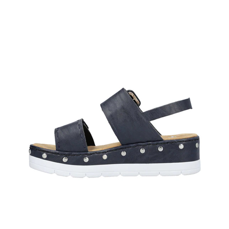 Navy platform sandals with two hook-and-loop straps and studded trim
