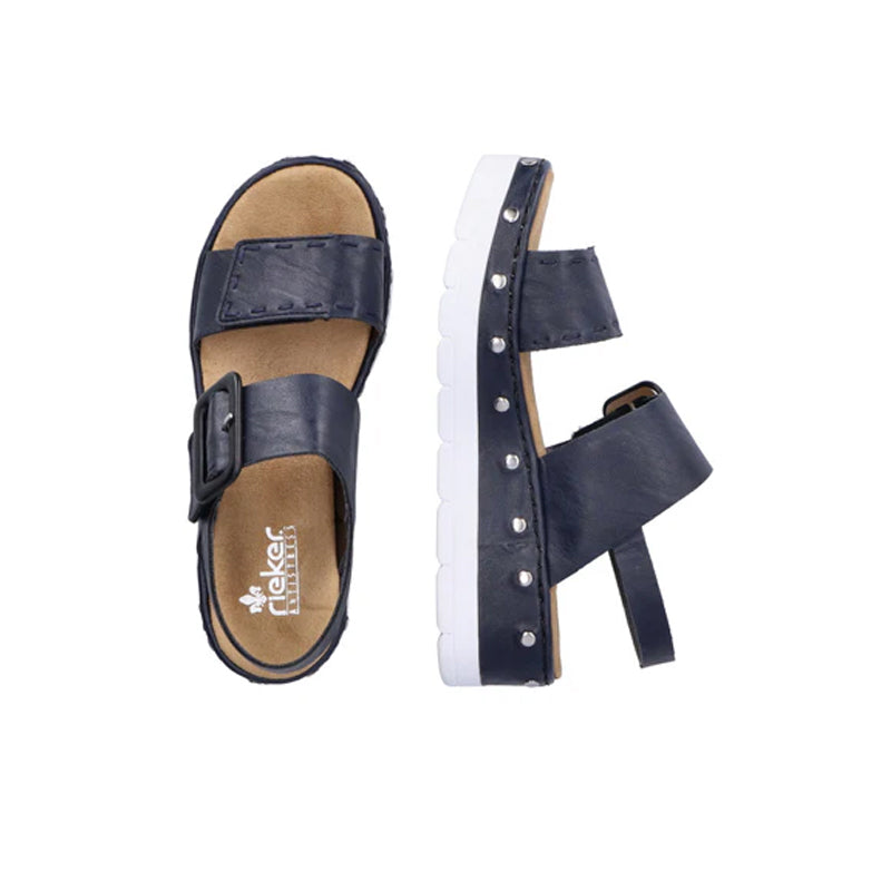 Navy platform sandals with adjustable straps and tan footbed