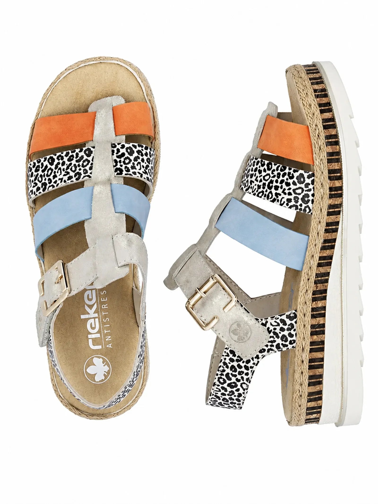 Women’s platform sandals side view with ankle straps, leopard print, light blue panels