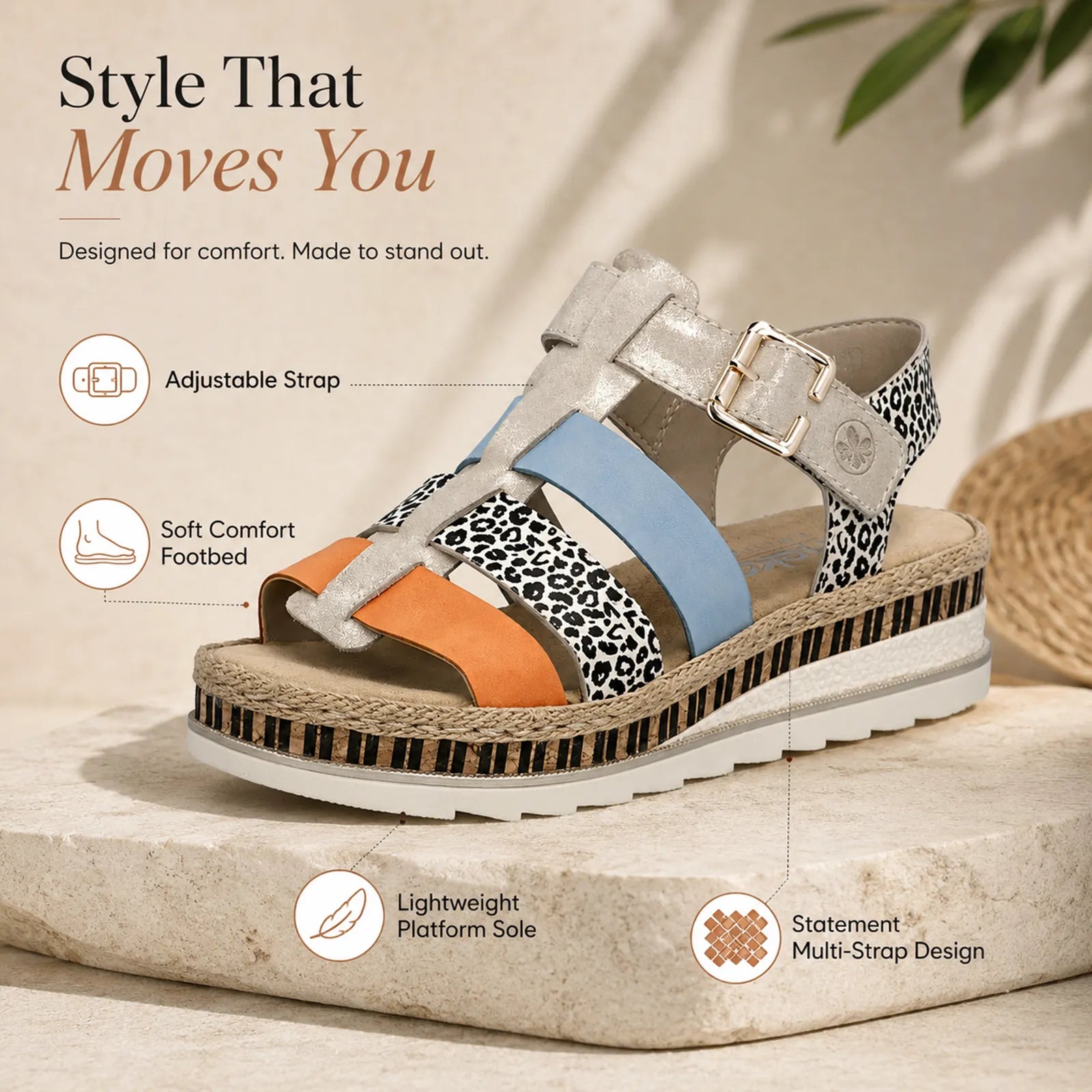 Women’s adjustable buckle platform sandals with leopard-print and color-block blue and orange