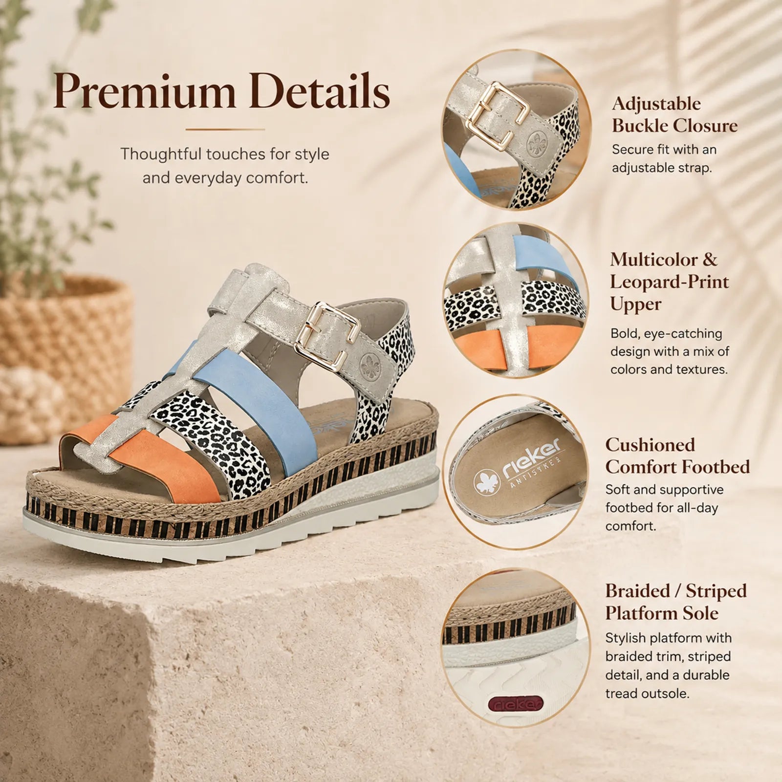 Women’s leopard-print sandals with buckles, multicolor straps, and striped braided platform sole