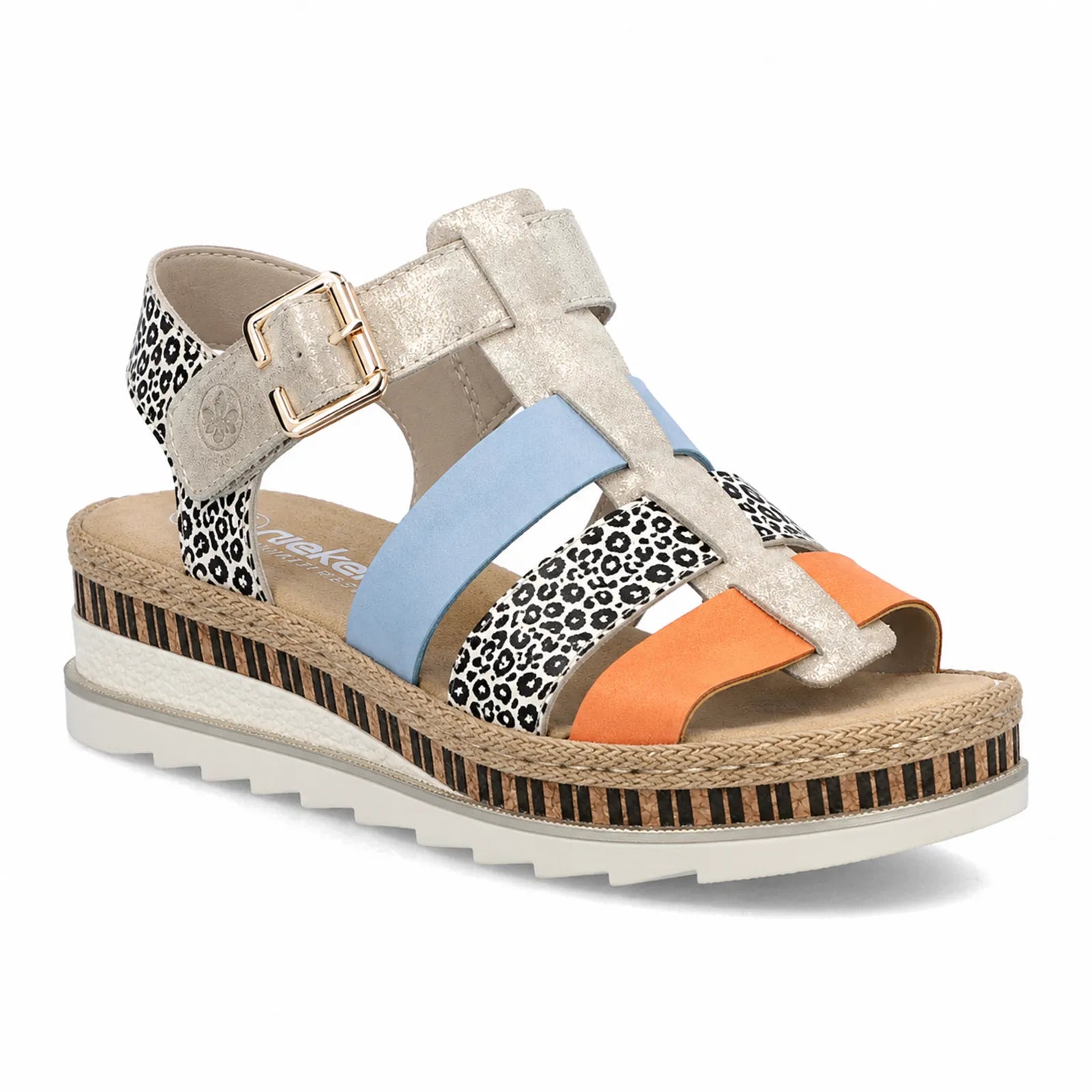 Women’s platform sandals with leopard-print upper, blue and orange straps, adjustable buckles