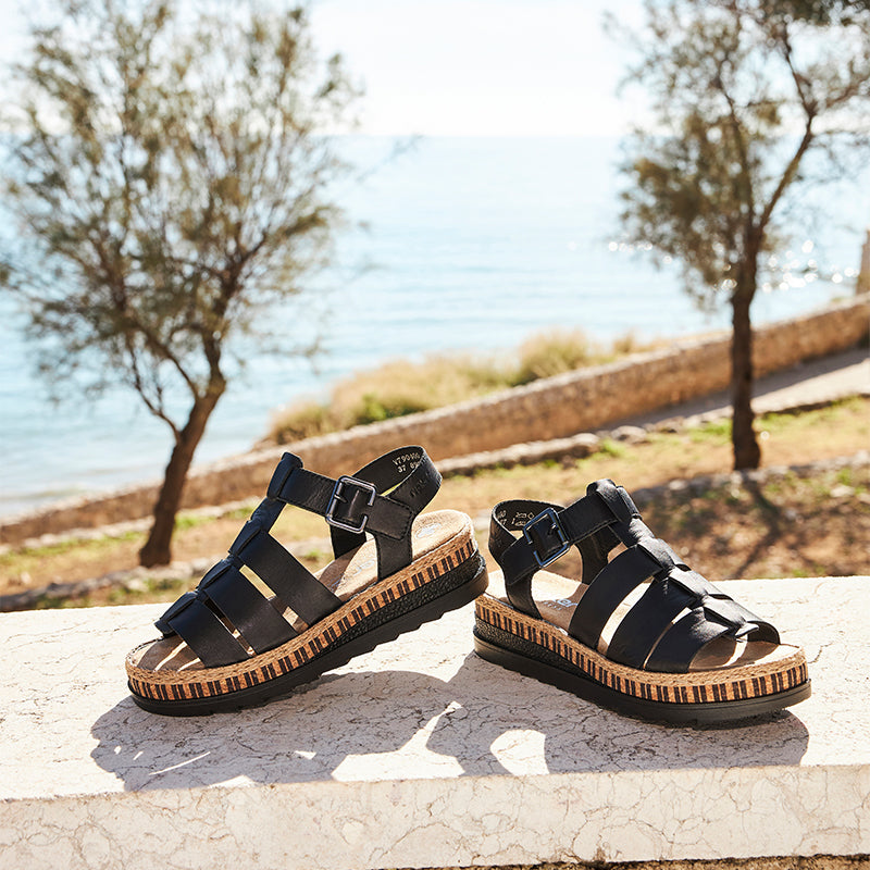 Rieker Women's Sandals Classic Black Fashion Hook & Loop Summer Shoes V7904