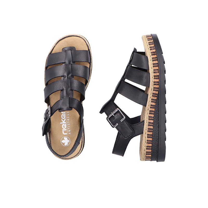 Rieker Women's Sandals Classic Black Fashion Hook & Loop Summer Shoes V7904