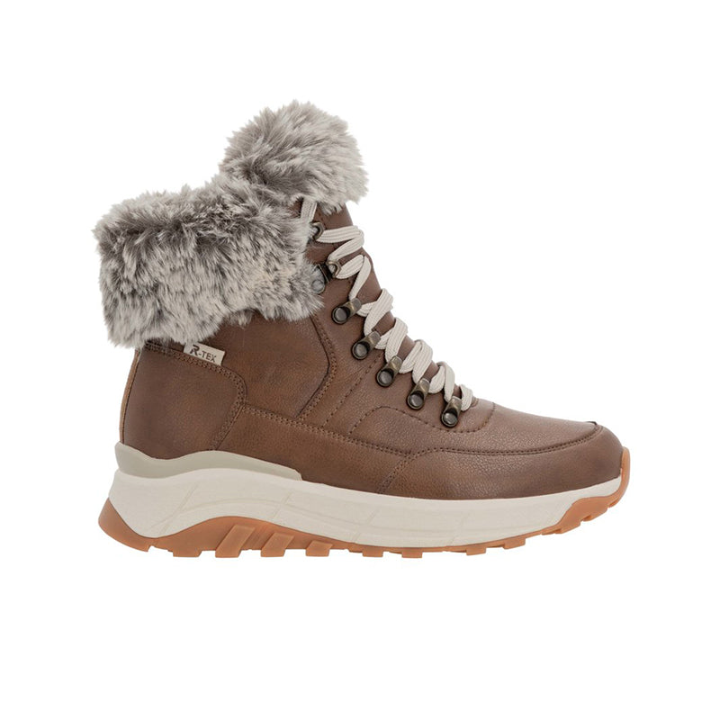 Brown winter snow boot with faux fur cuff, lace-up, and chunky white sole.