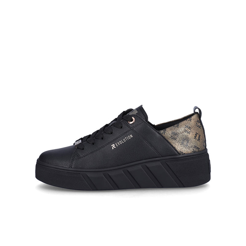 Black lace-up sneaker with padded tongue and textured outsole, brown lining