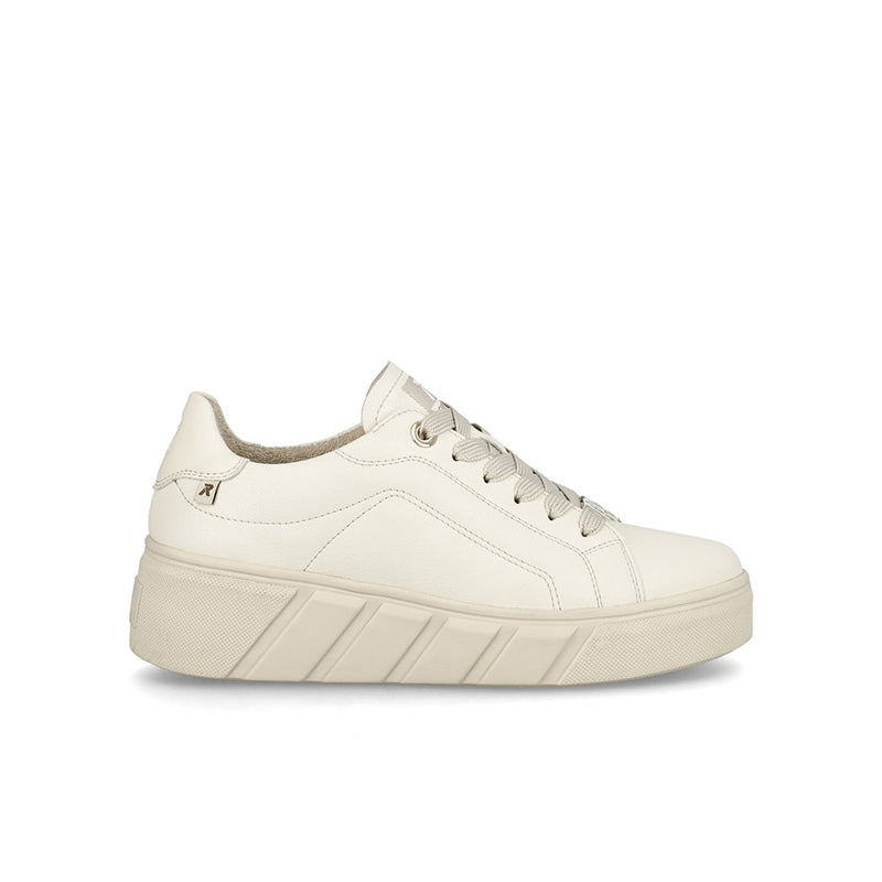White leather lace-up casual sneakers with low-profile rubber sole