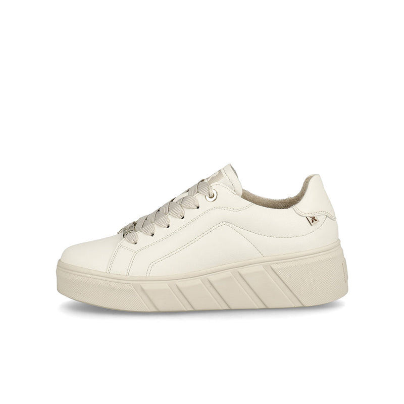 White leather lace-up casual sneakers, side view with cushioned collar