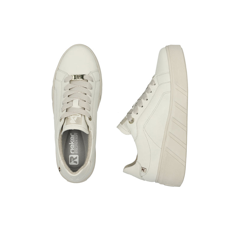White leather lace-up sneakers, front and side views with textured sole