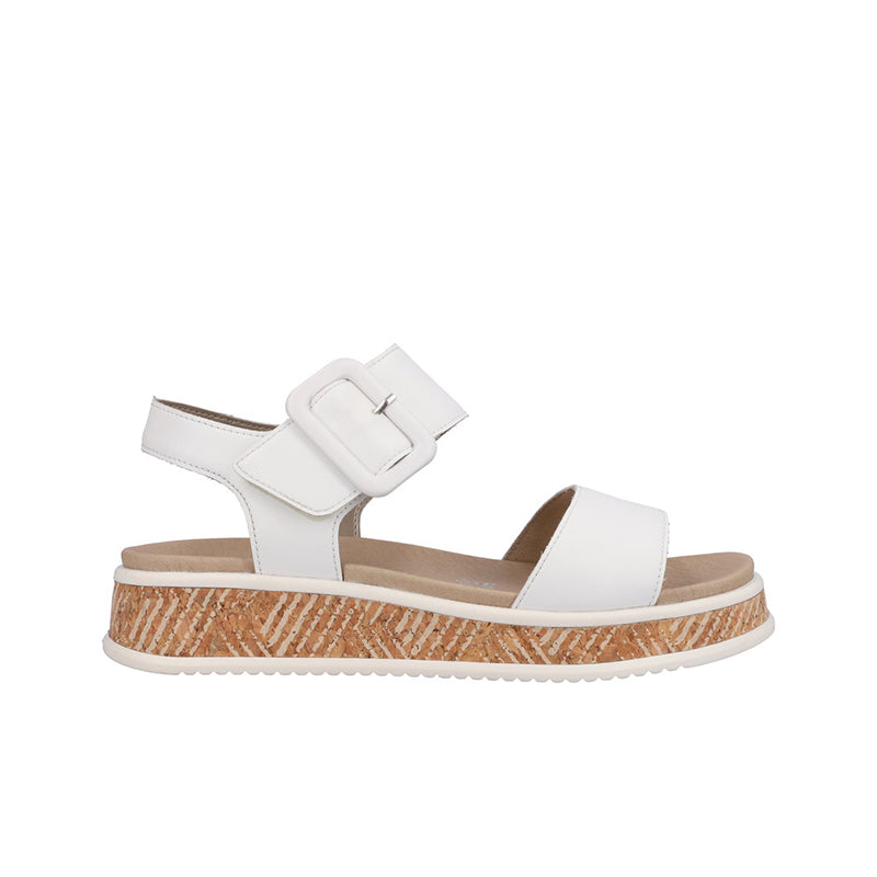 Rieker women’s white buckle sandals with adjustable strap and textured platform sole