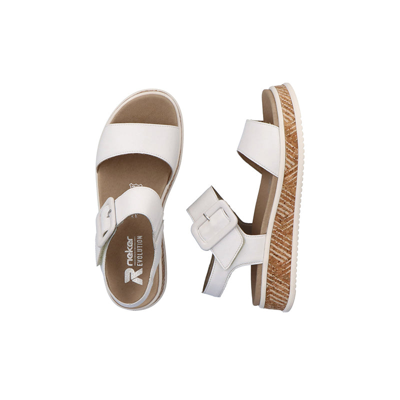 Rieker women’s white buckle sandals, open toe and platform sole close-up