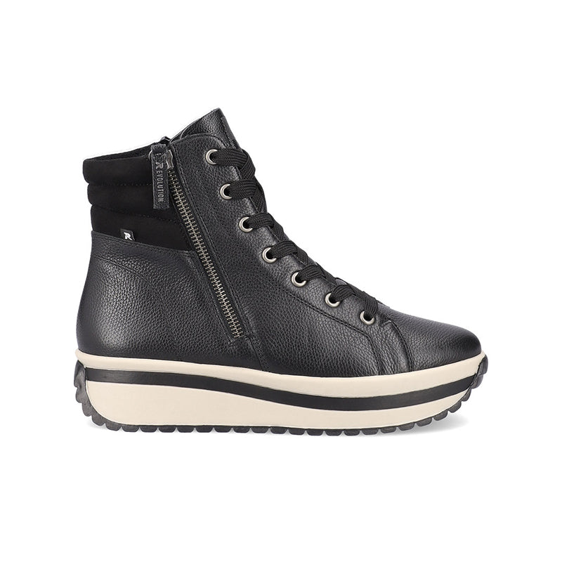Black high-top winter boot with lace-up, side zipper, and chunky tread sole