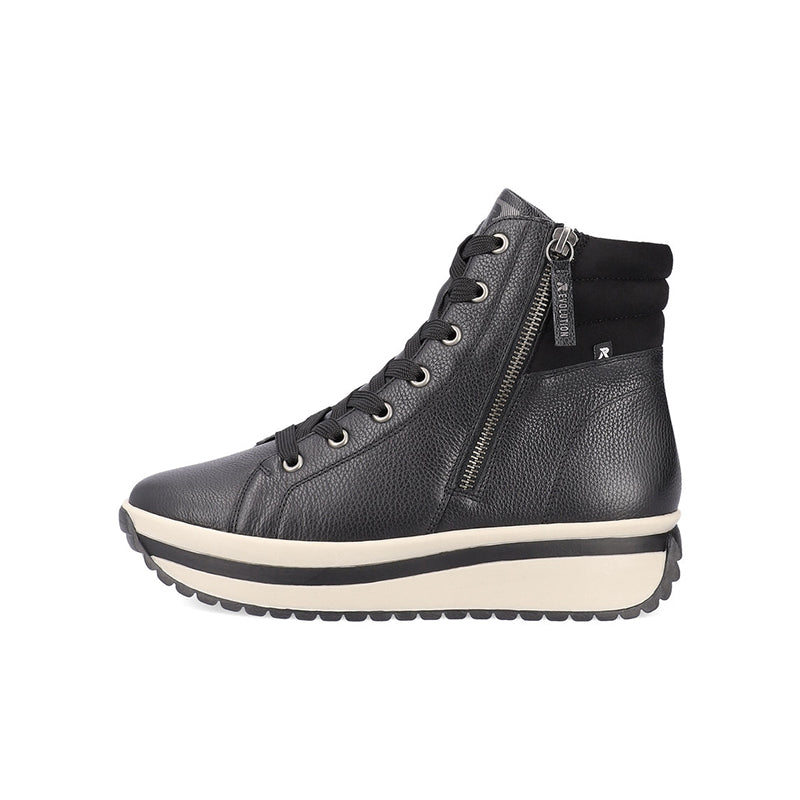 Black high-top winter boot with lace-up front, side zipper, and padded collar
