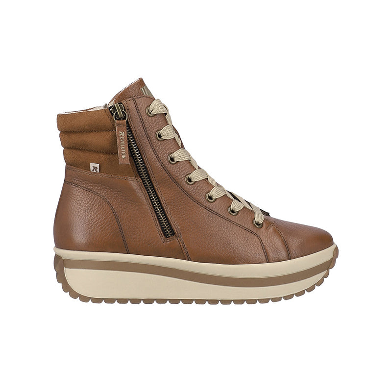 Brown high-top winter boot with lace-up, side zipper, and chunky tread sole